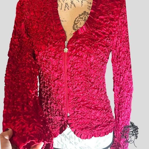 Vintage Joseph Ribkoff  Lipstick Red Crinkle Top/ Jacket  W Full Zip US 8 - Picture 5 of 7